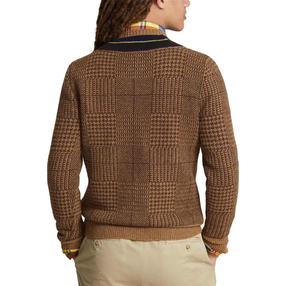 Ralph Lauren Glen Plaid Wool Cricket Sweater Camel Combo