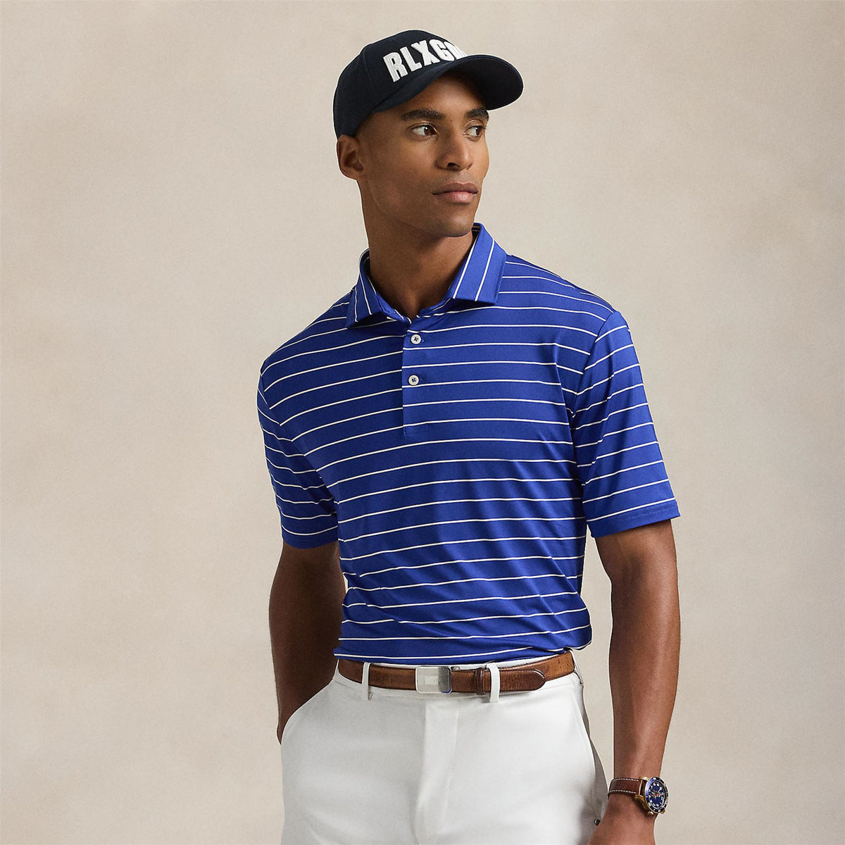 RLX ネイビー/ホワイトストライプ ポロシャツ Ralph Lauren RLX Classic Fit Airflow Jersey Stripe Polo Royal Blue
