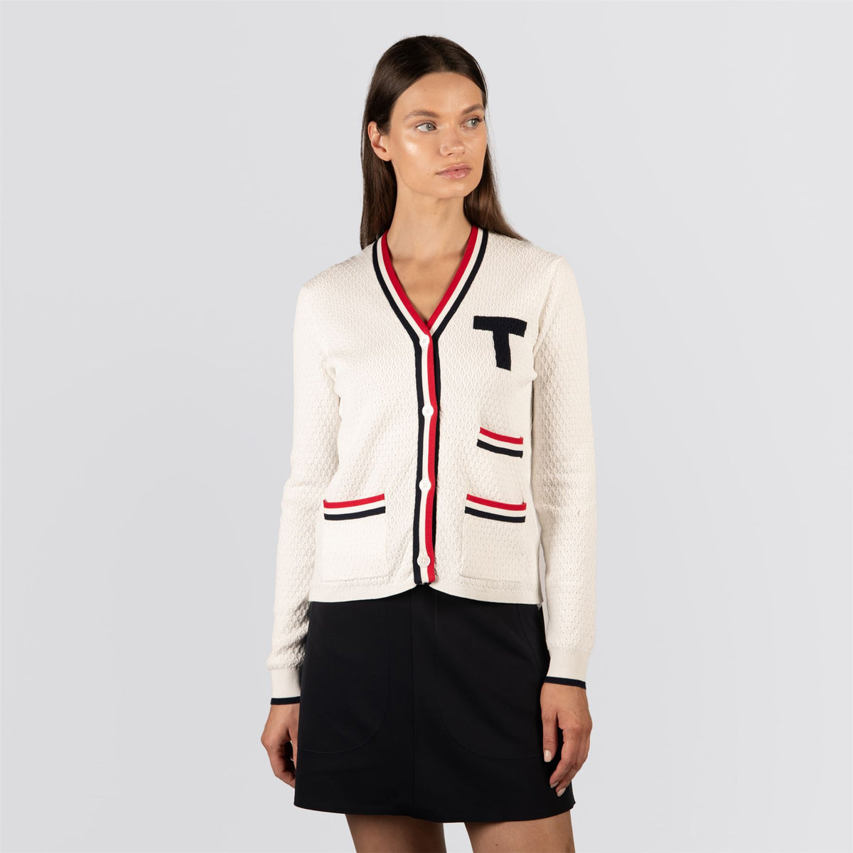Womens T Cardigan White/Red/Blue