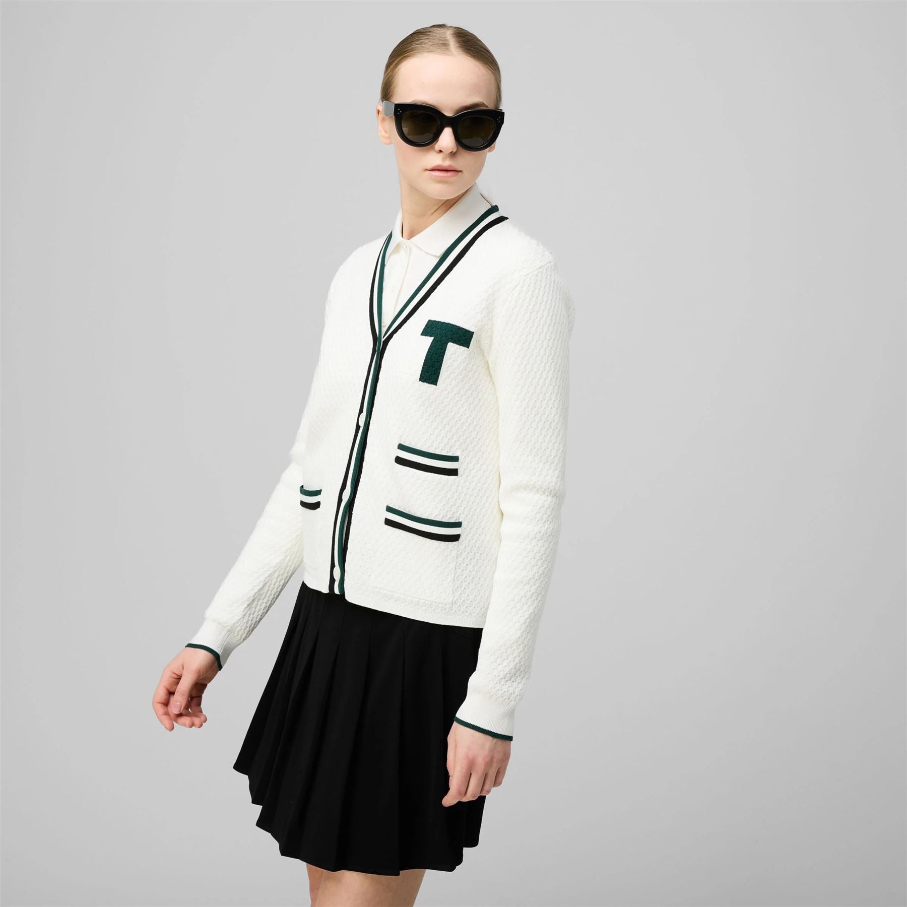 Womens T Cardigan White/Pine Green