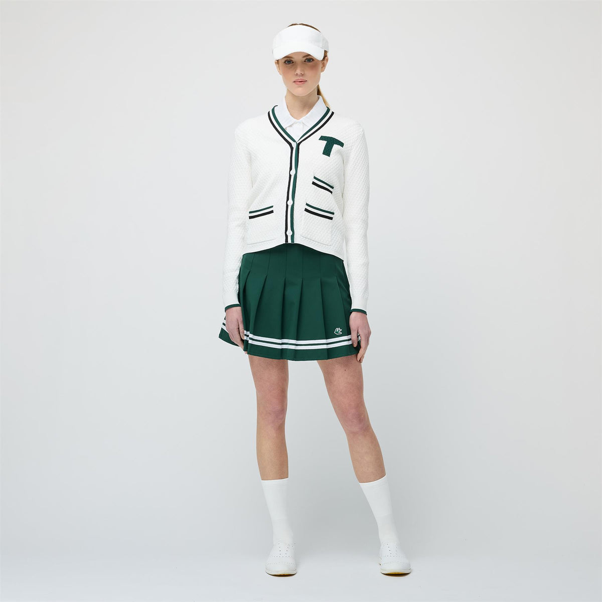 Womens T Cardigan White/Pine Green