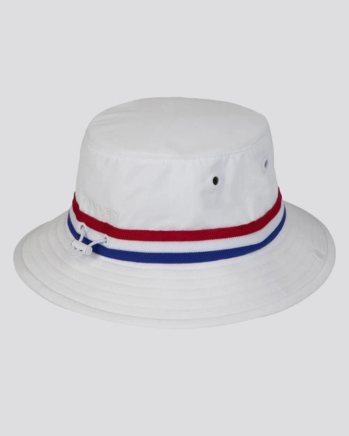 Womens Ribbon Bucket Hat White/Red Blue Stripe