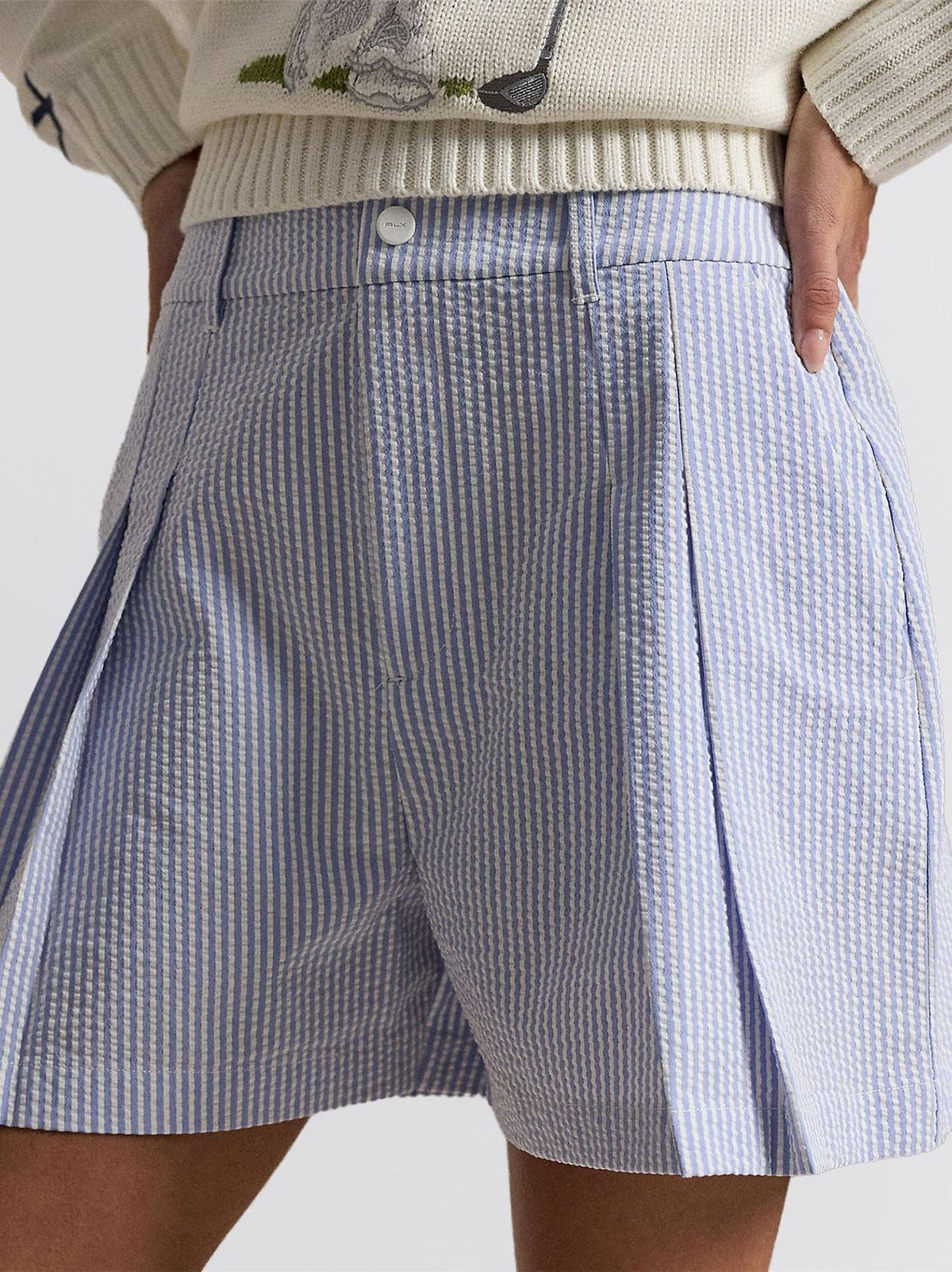 RLX Womens Seersucker Pleated Shorts Blue Mist/Ceramic White