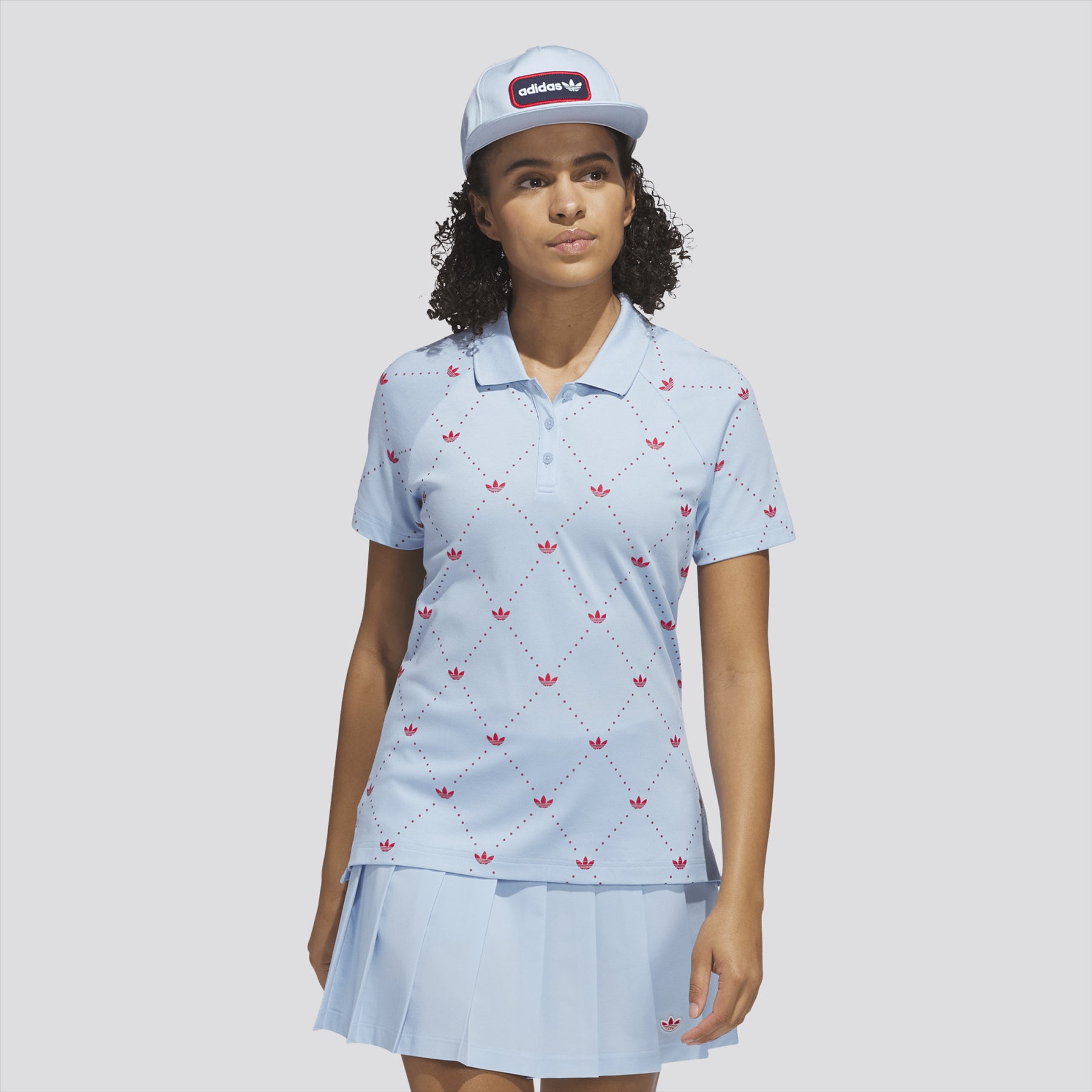 Womens Printed Trefoil Polo Clear Sky/Better Scarlet