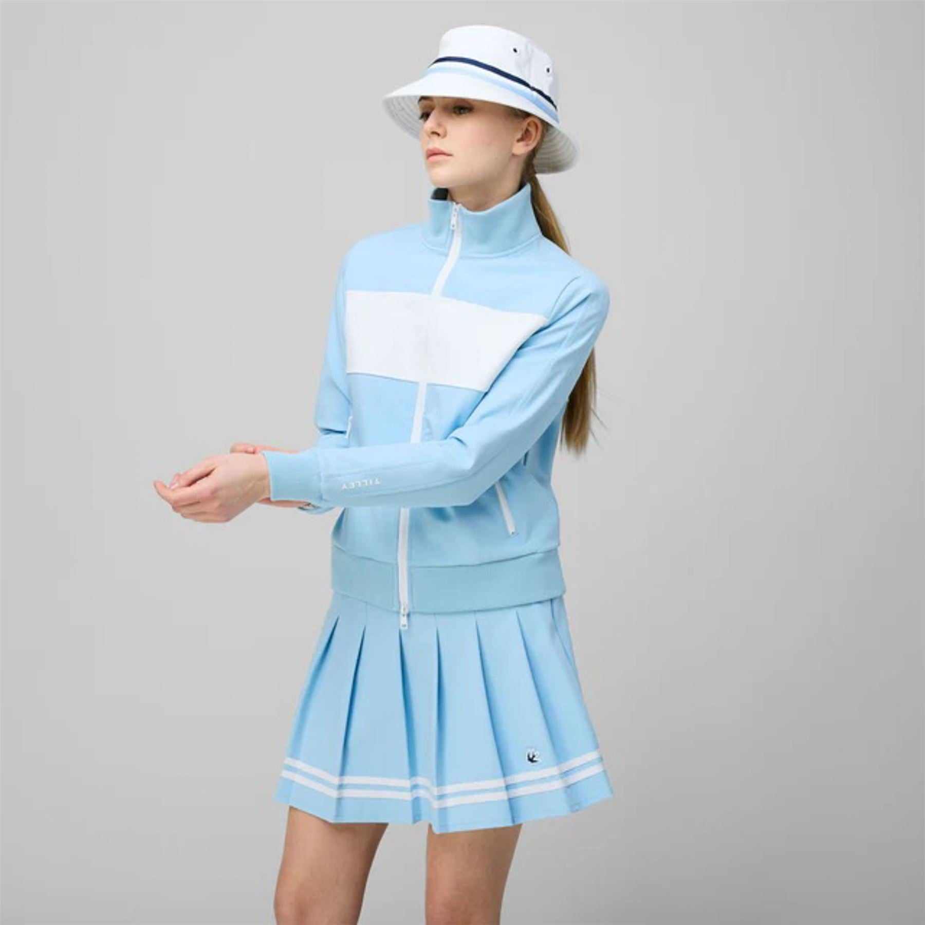 Womens Ribbon Pleated Skirt Powder Blue/White