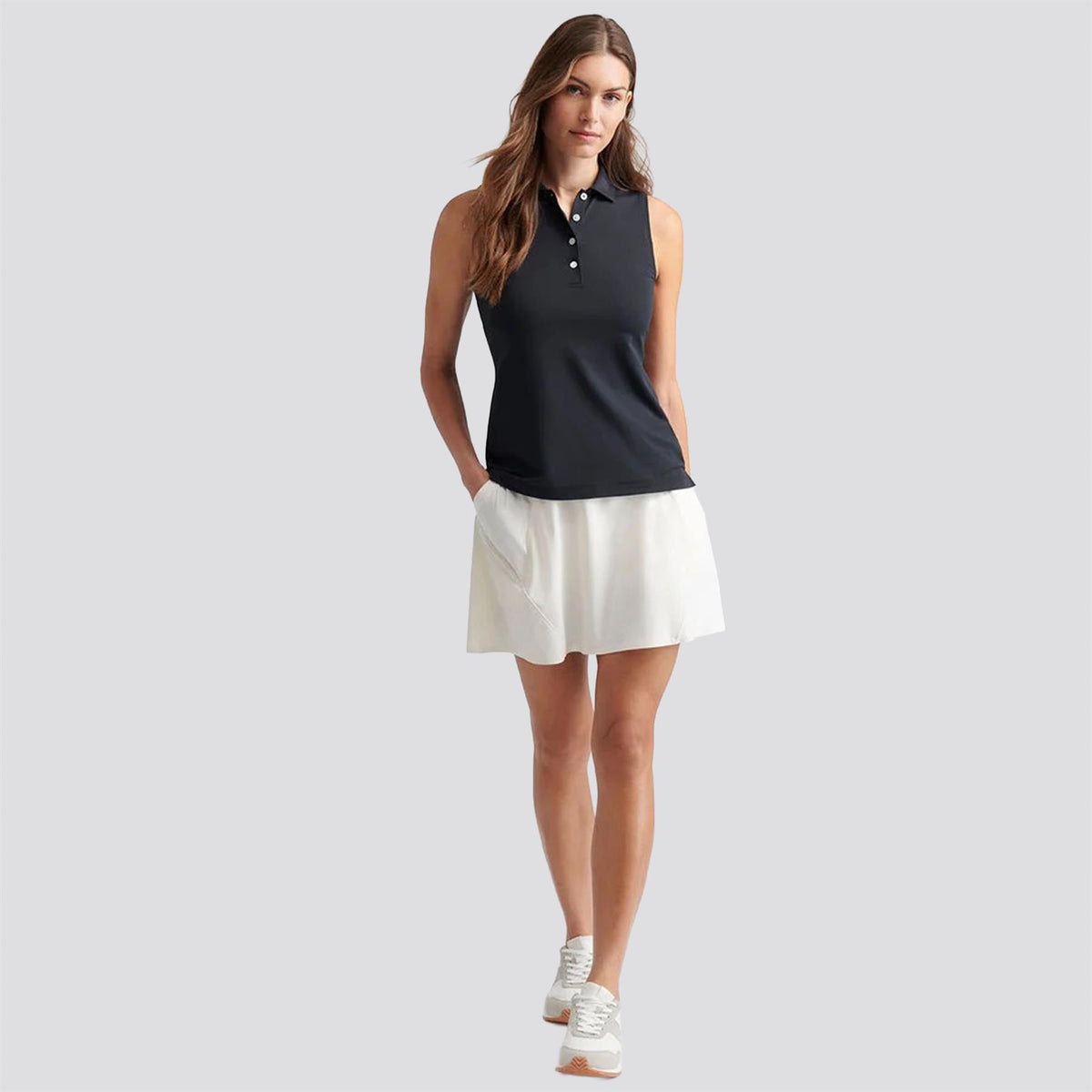 Womens Sleeveless Banded Button Polo Black