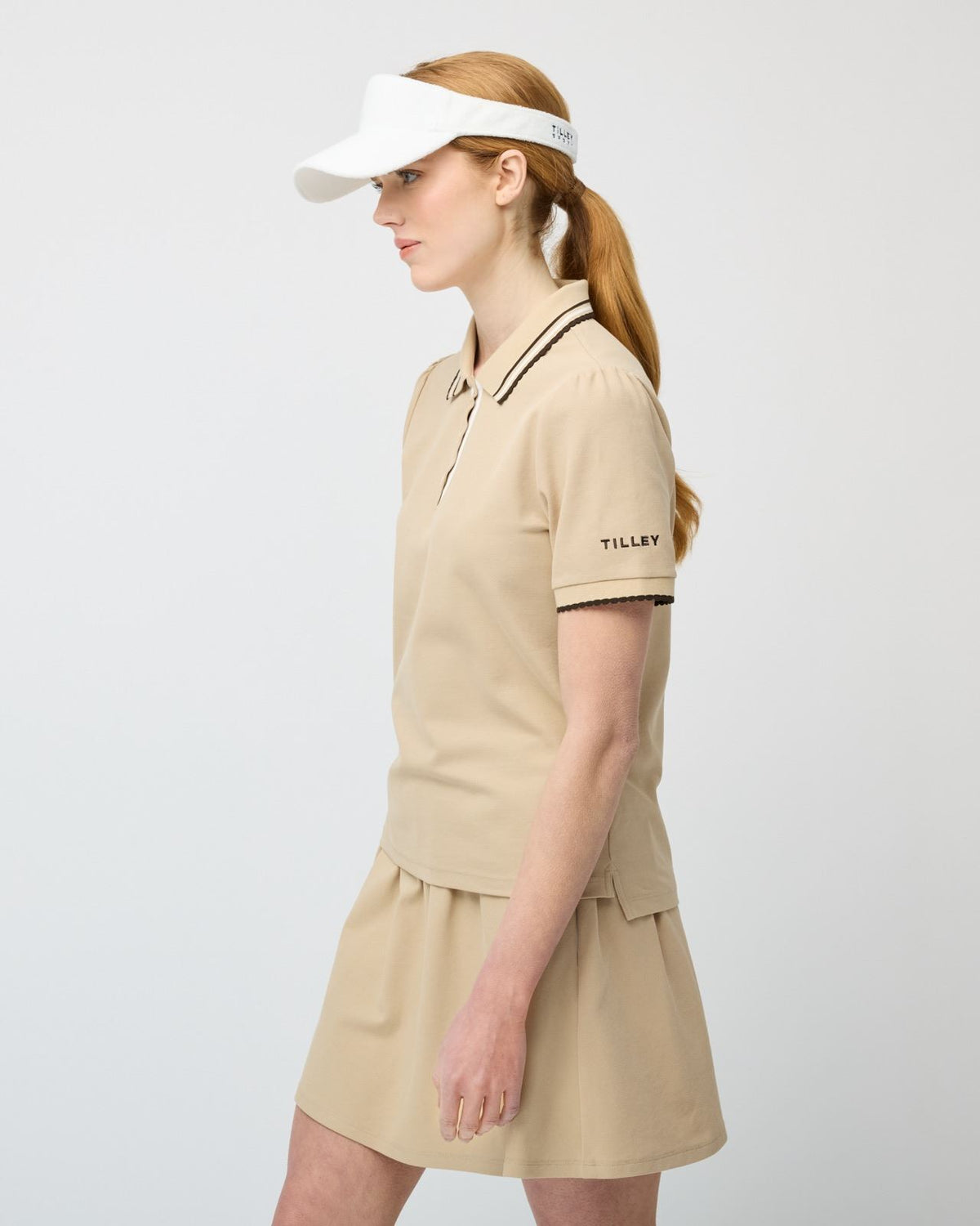 Womens Preppy Pique Puff Sleeve Polo Tan/Chocolate