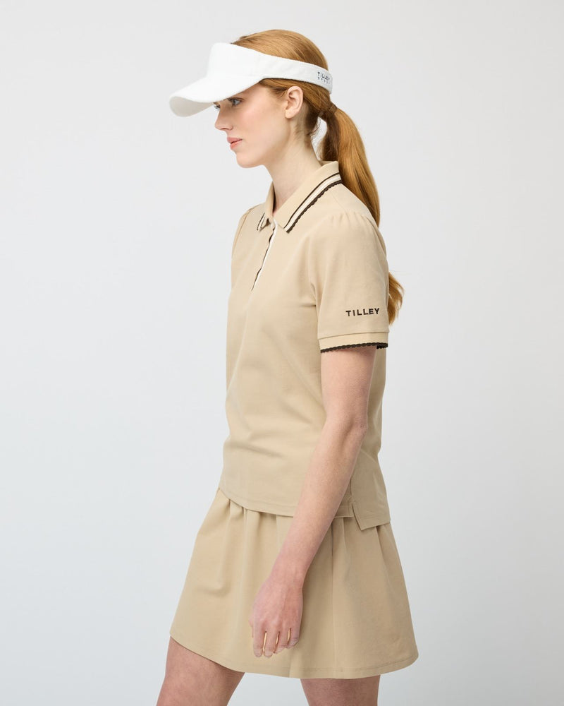 Womens Preppy Pique Puff Sleeve Polo Tan/Chocolate