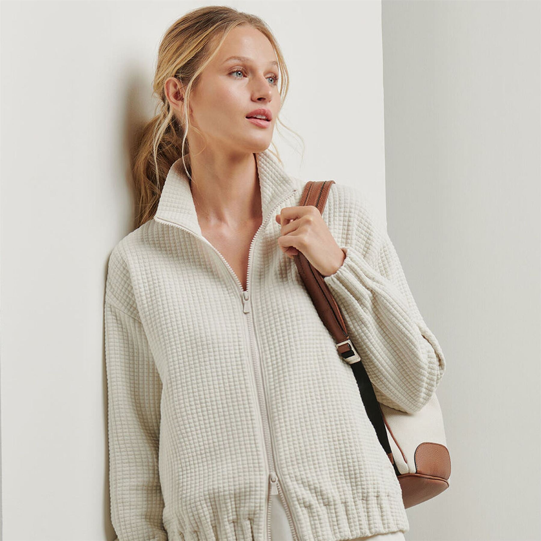 Peter Millar Flora Knit Jacquard Full Zip Layer Stone | TRENDYGOLF USA