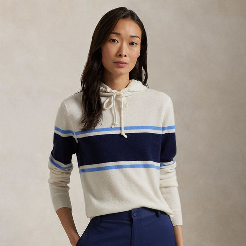 Womens RLX Cashmere Stripe Hoodie Parchment Cream/Refined Navy