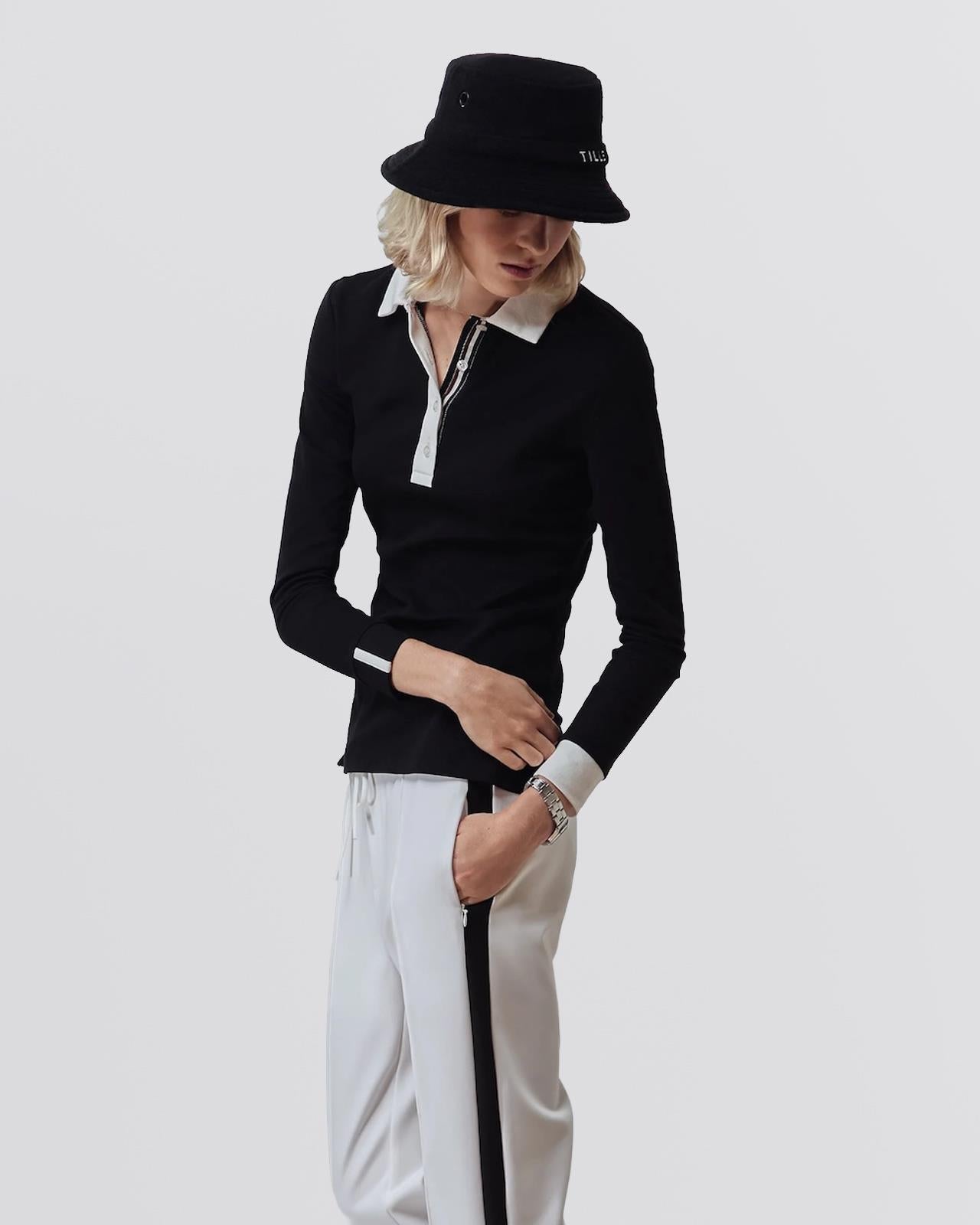 Womens Preppy Pique LS Stripe Placket Polo Black