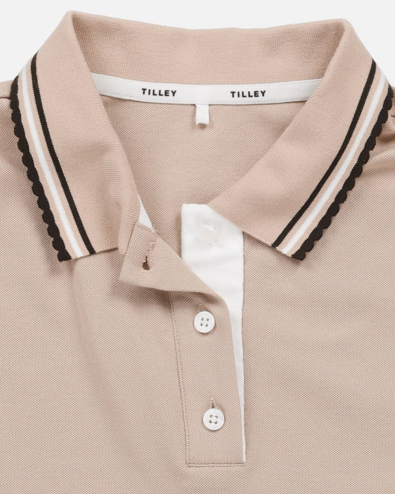 Womens Preppy Pique Puff Sleeve Polo Tan/Chocolate