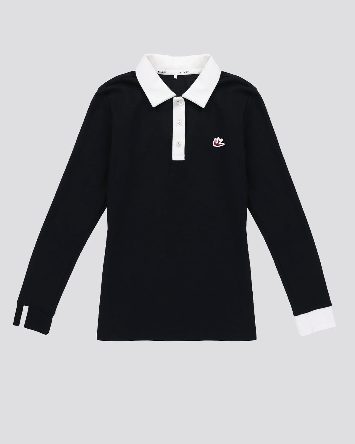 Womens Preppy Pique LS Stripe Placket Polo Black