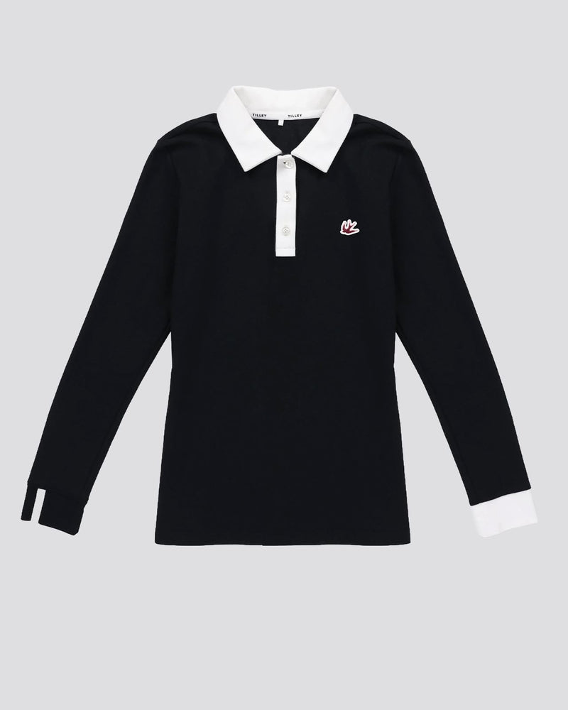 Womens Preppy Pique LS Stripe Placket Polo Black