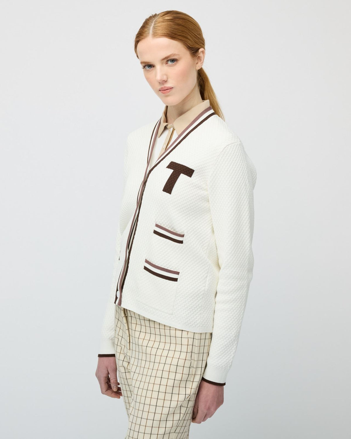 Womens T Cardigan Off White/Coffee/Toffee