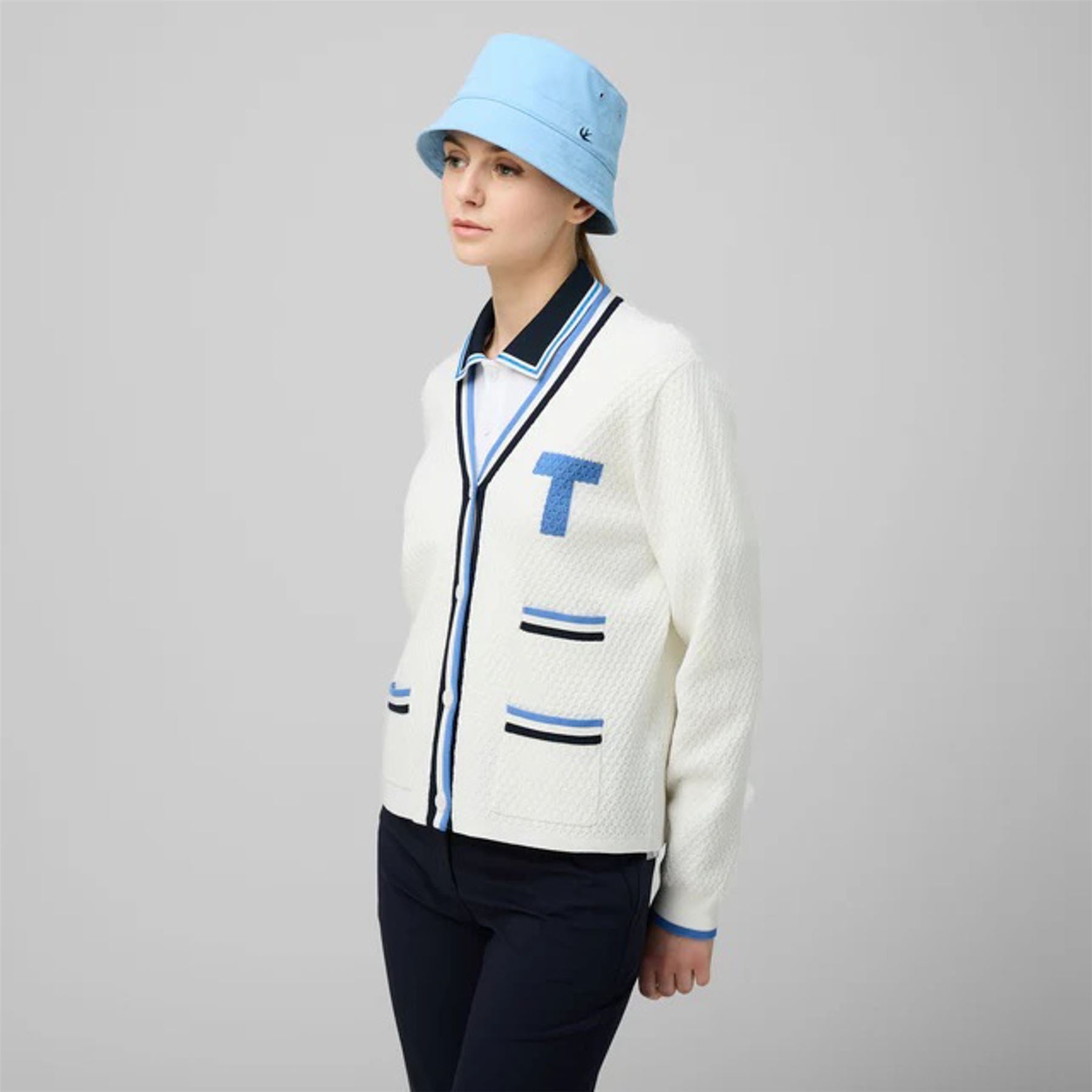 Womens T Cardigan White/Powder Blue