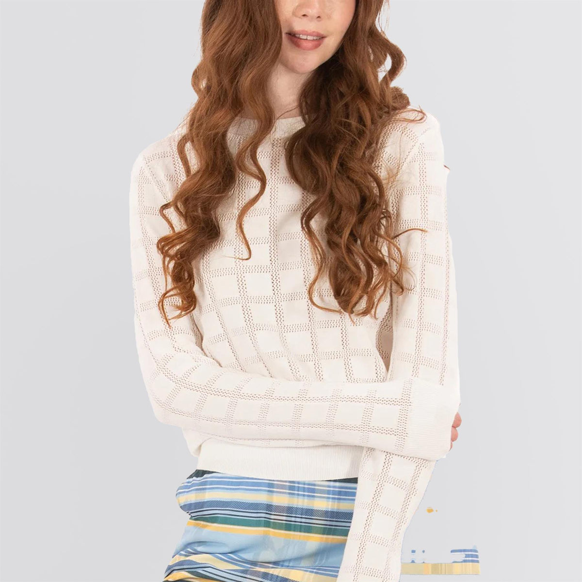 Womens Pointelle Crewneck Sweater White