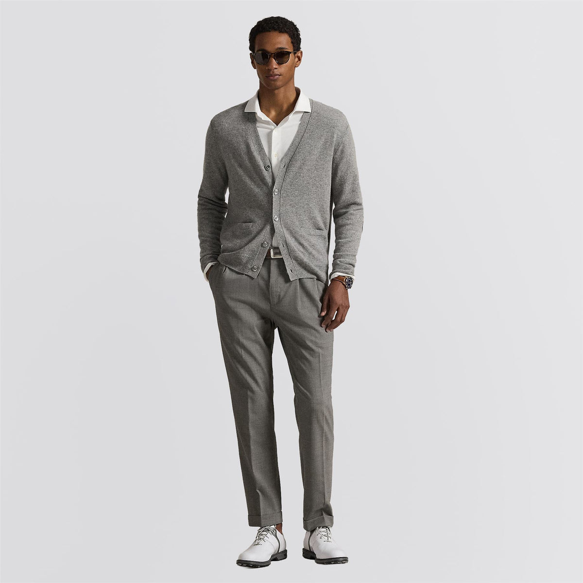 RLX Suede Patch Cashmere Cardigan Fawn Gray Heather
