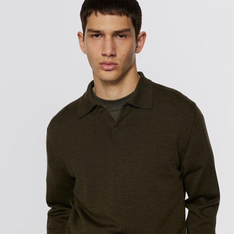 Kai Knitted Merino Polo Forest Green Melange