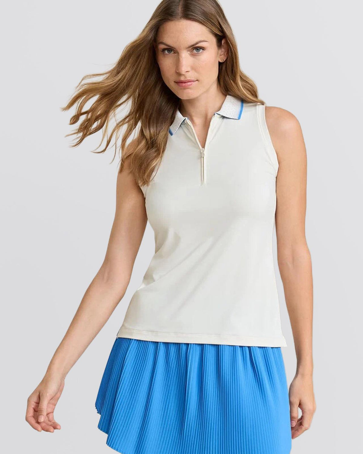 Womens Chrissie Sleeveless Zip Polo Ivory/Blue Starling