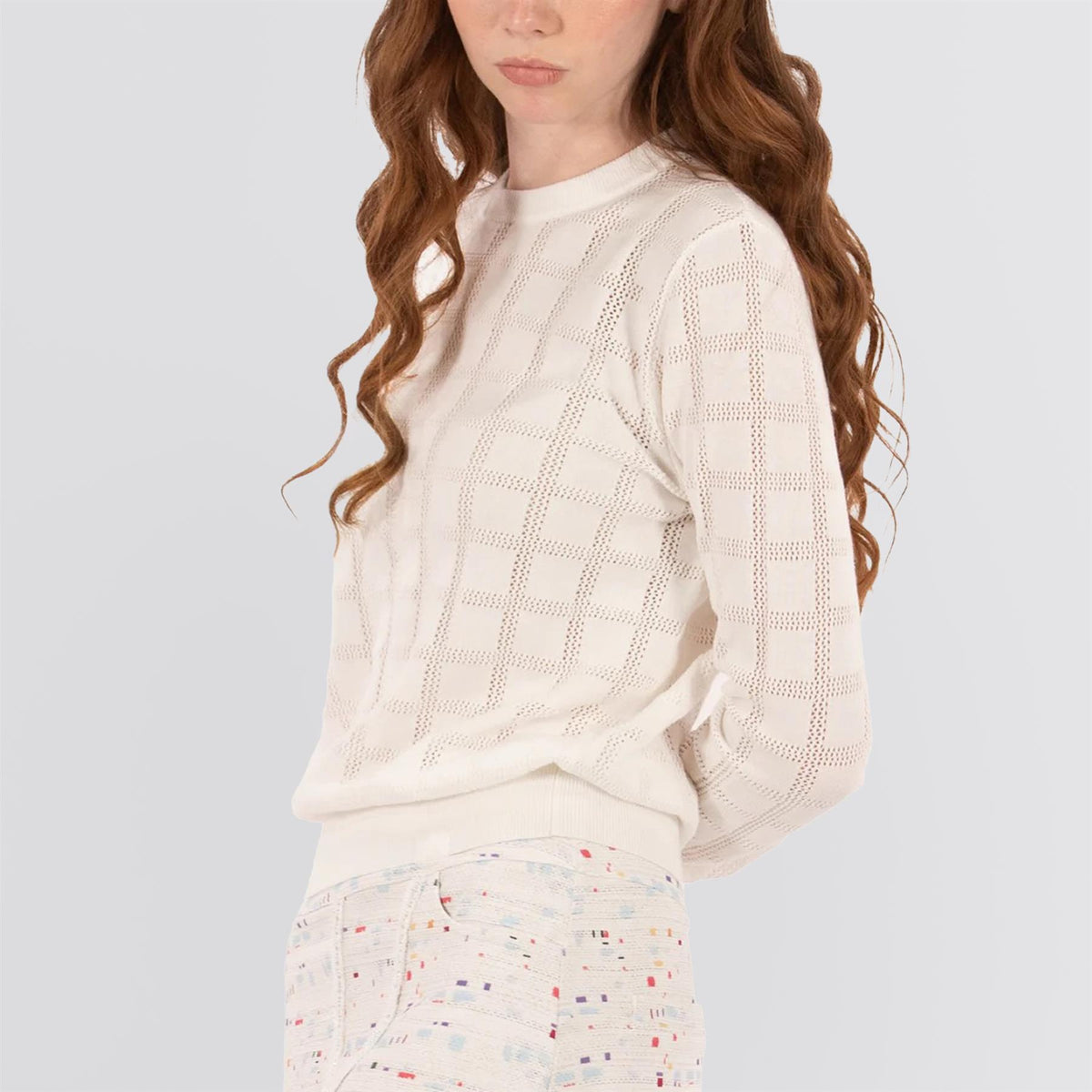 Womens Pointelle Crewneck Sweater White