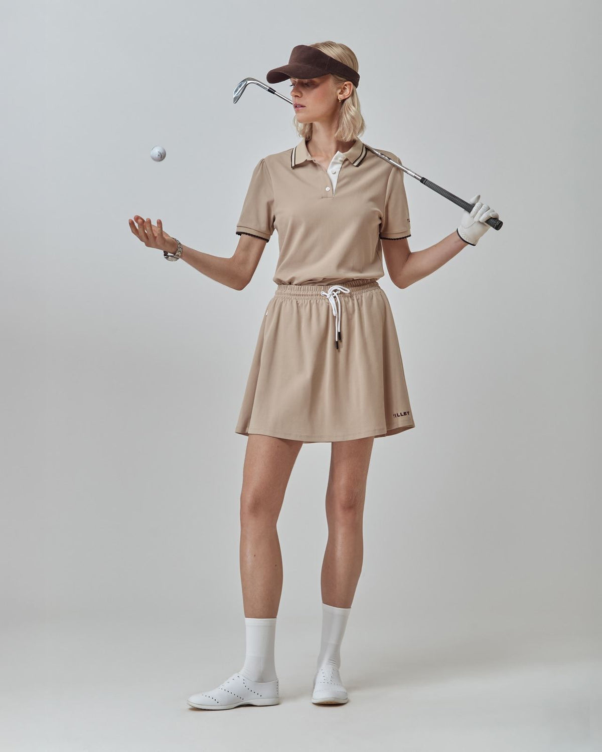 Womens Preppy Pique Mini Skirt Tan/Chocolate