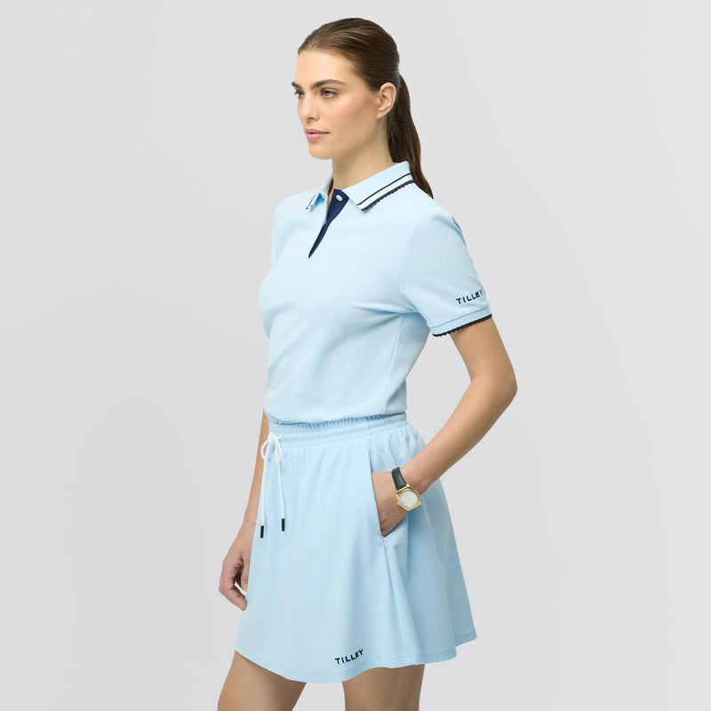 Womens Preppy Pique Puff Sleeve Polo Baby Blue/Navy