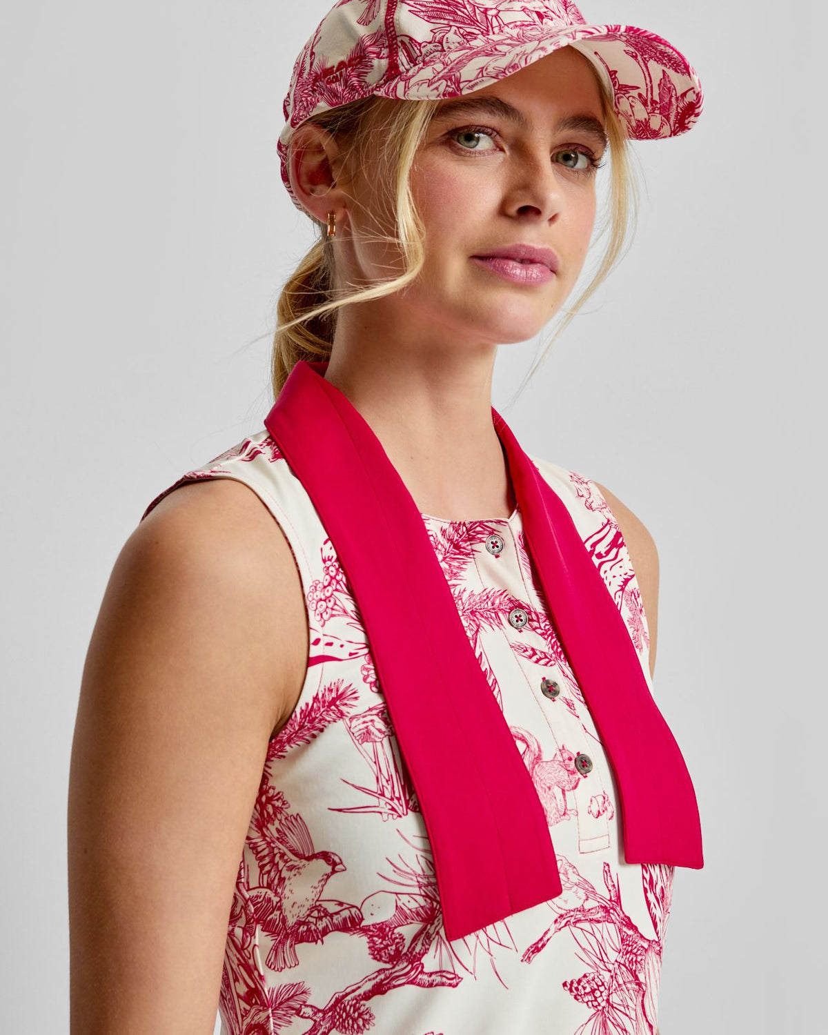 Womens Tie Collar Top Red Botanical