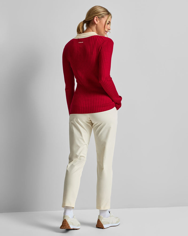 Womens Pointelle Rib Long Sleebe Knit Polo Red
