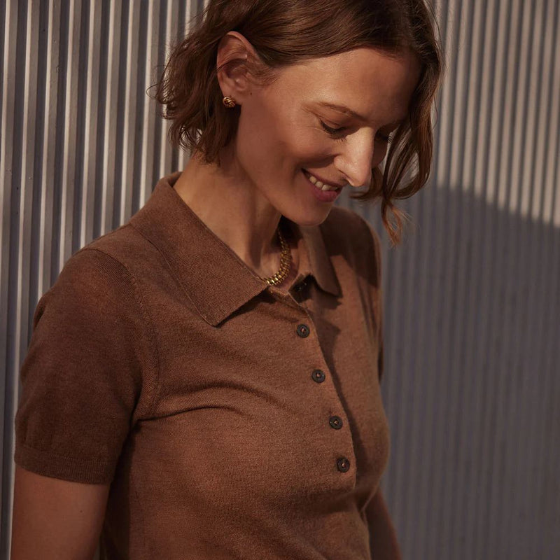 Womens Toni Fine Knit Polo Deep Sand