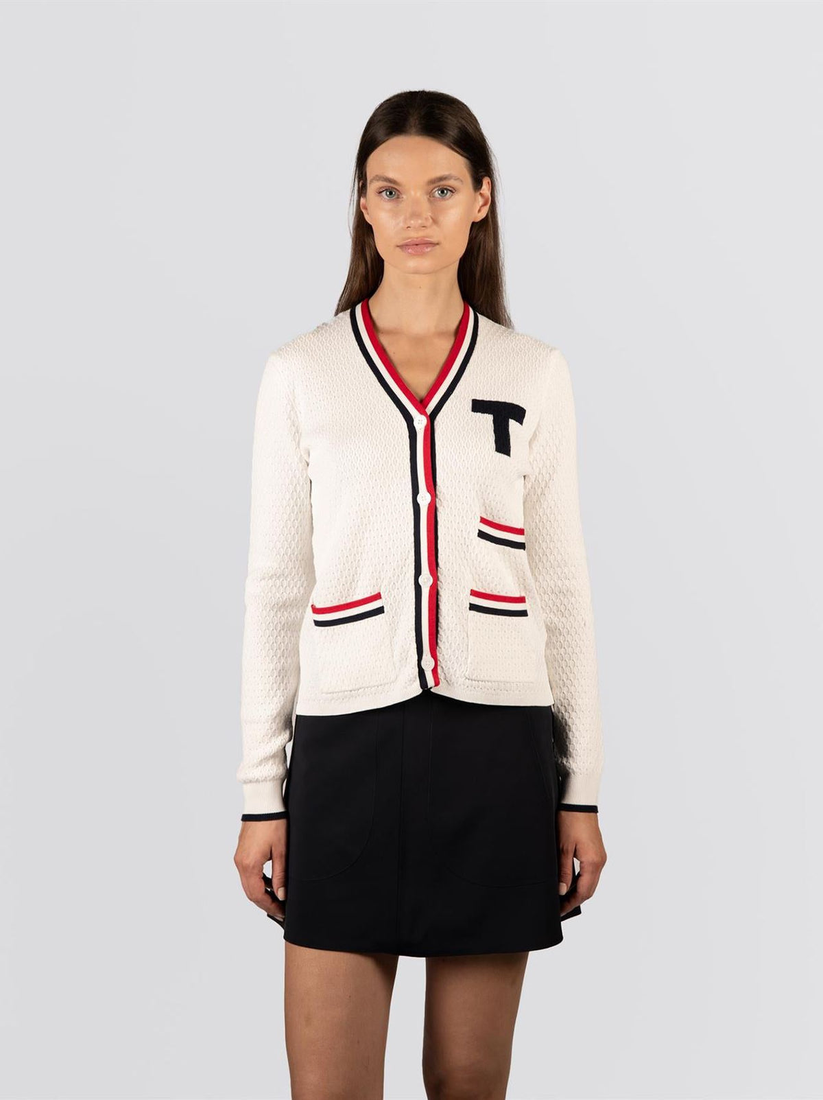 Womens T Cardigan White/Red/Blue