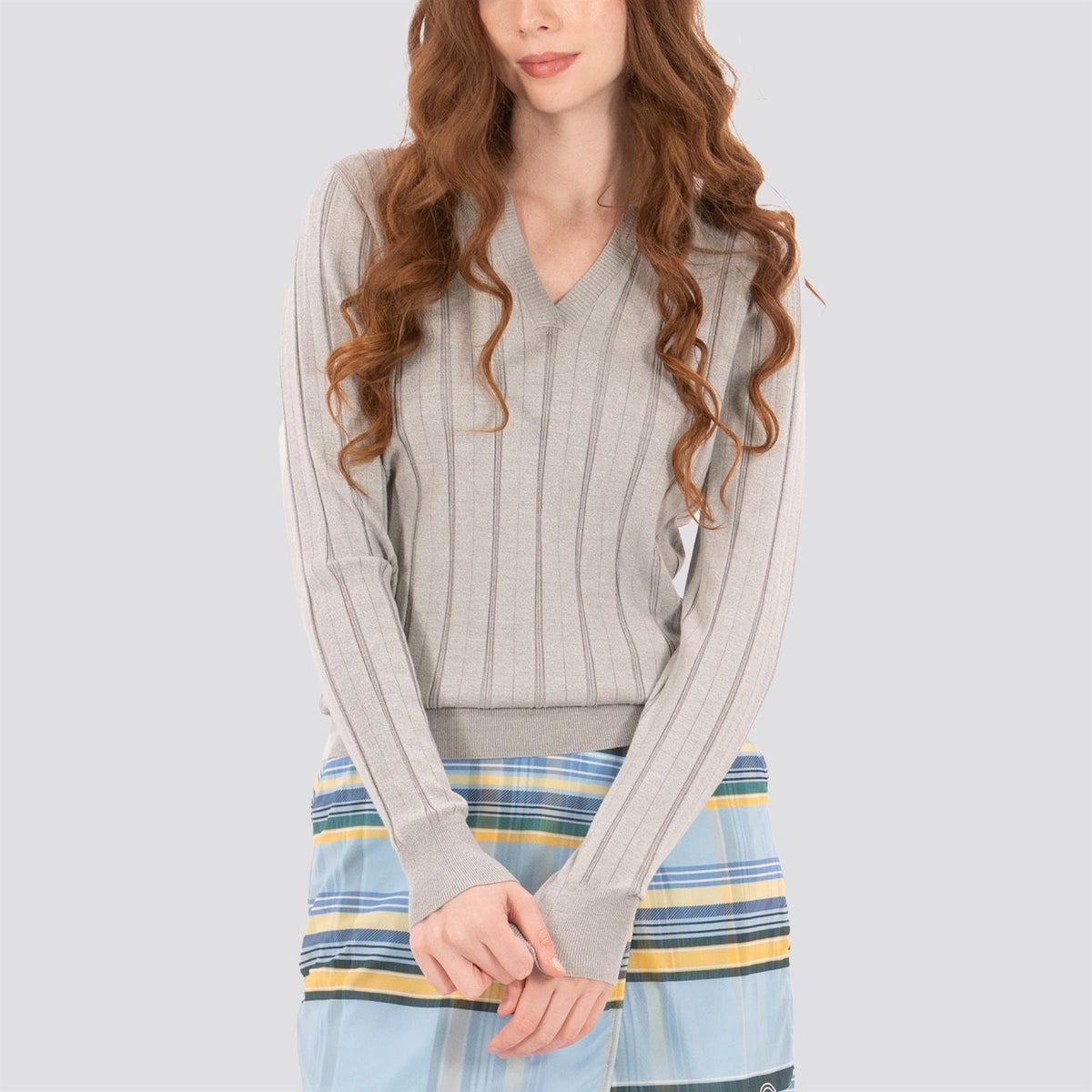 Womens LS Textured Knit Polo Marl Grey