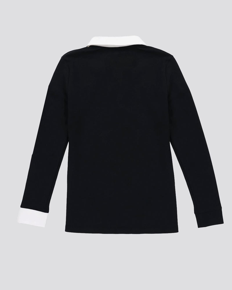 Womens Preppy Pique LS Stripe Placket Polo Black