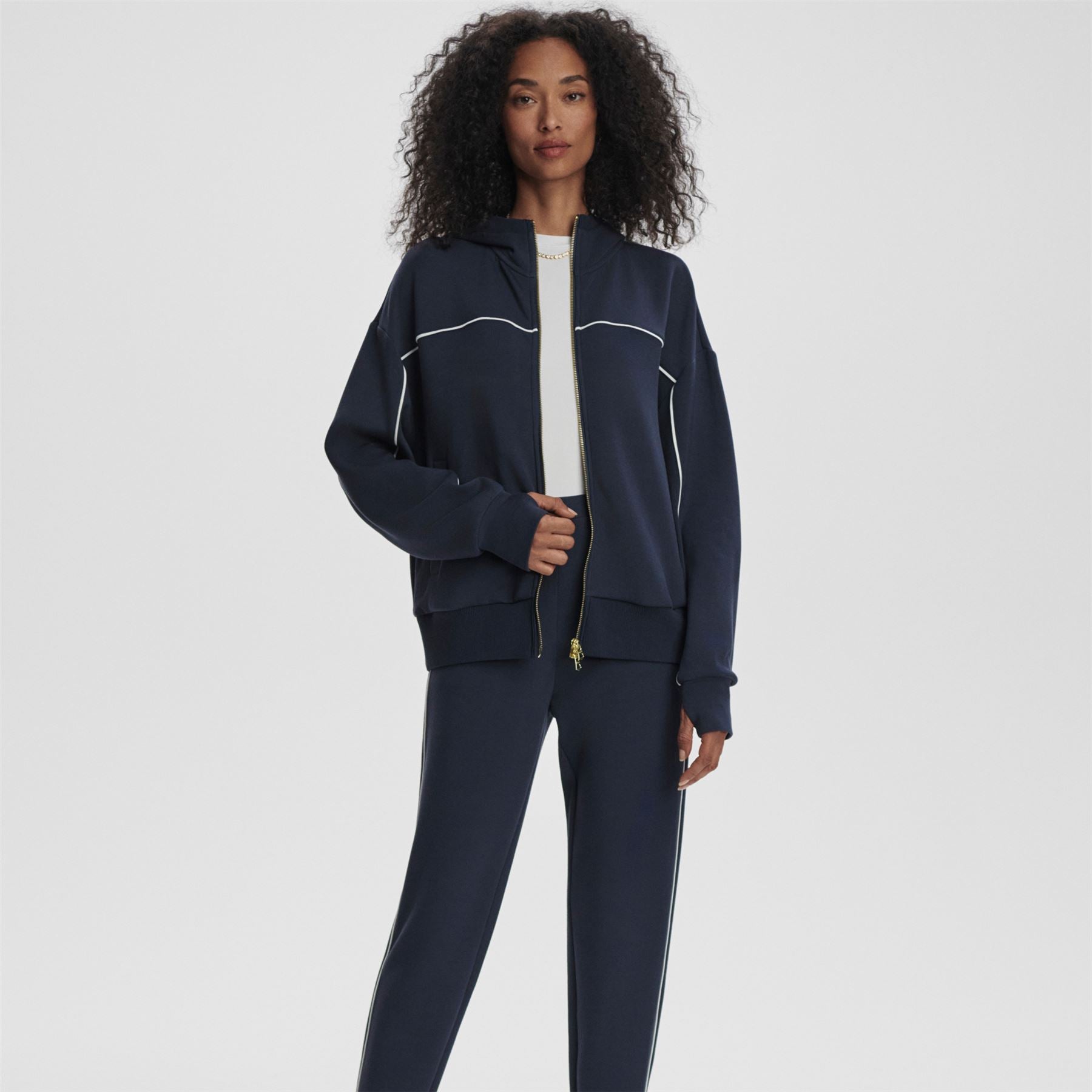Womens Gia Zip Through Hooded Sweat Navy/White