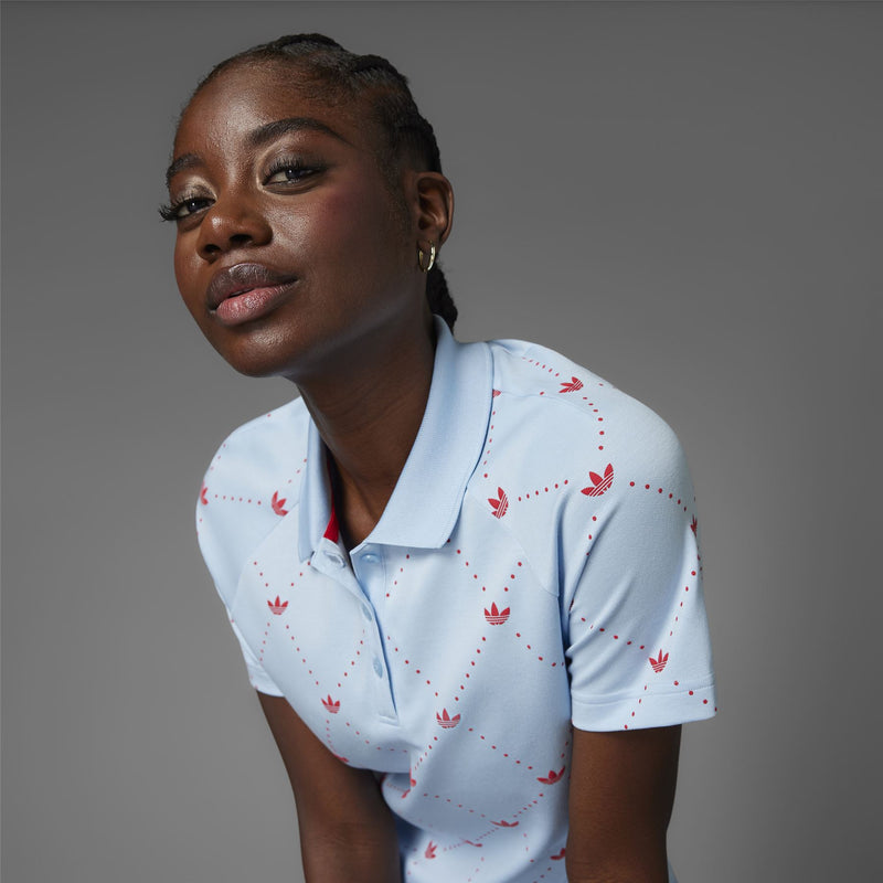 Womens Printed Trefoil Polo Clear Sky/Better Scarlet