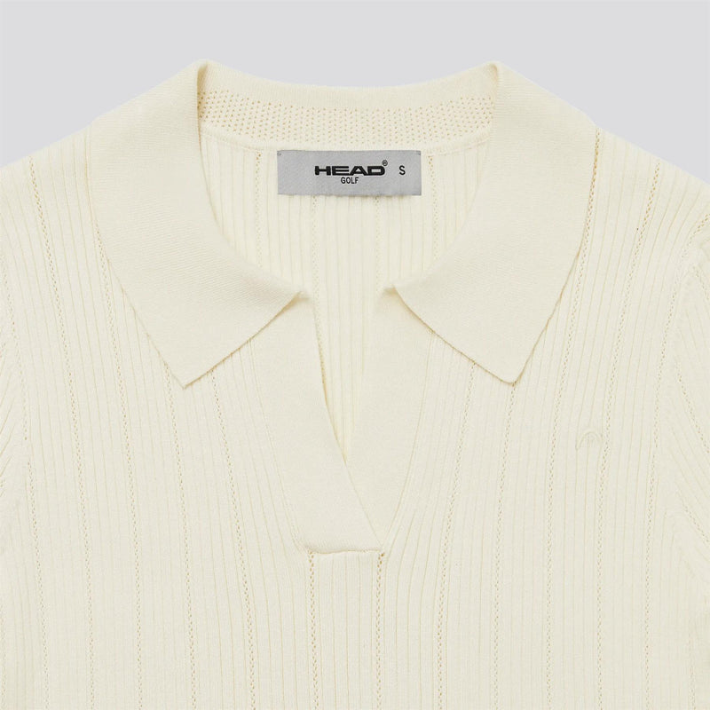 Womens V Neck Pointelle Knit Polo Cream