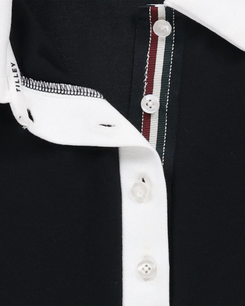 Womens Preppy Pique LS Stripe Placket Polo Black