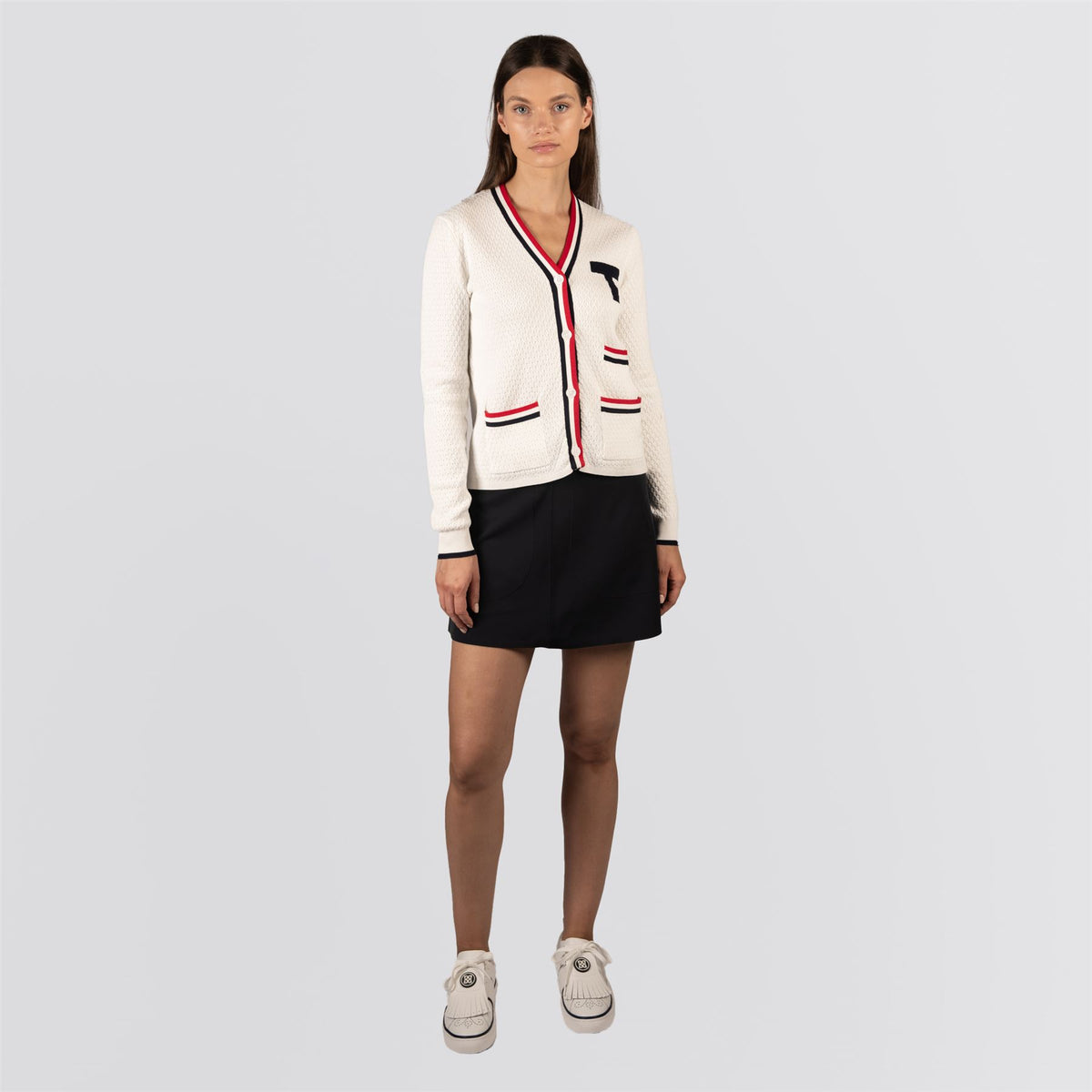 Womens T Cardigan White/Red/Blue