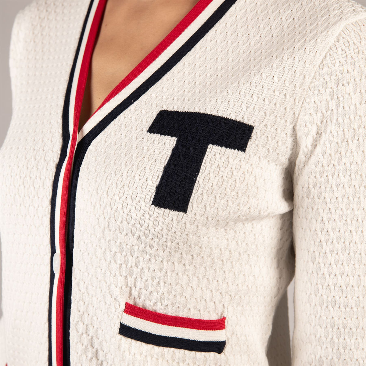 Womens T Cardigan White/Red/Blue