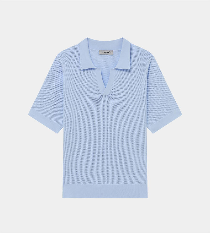 Pointelle Knit V-Neck Polo	 Dusty Blue
