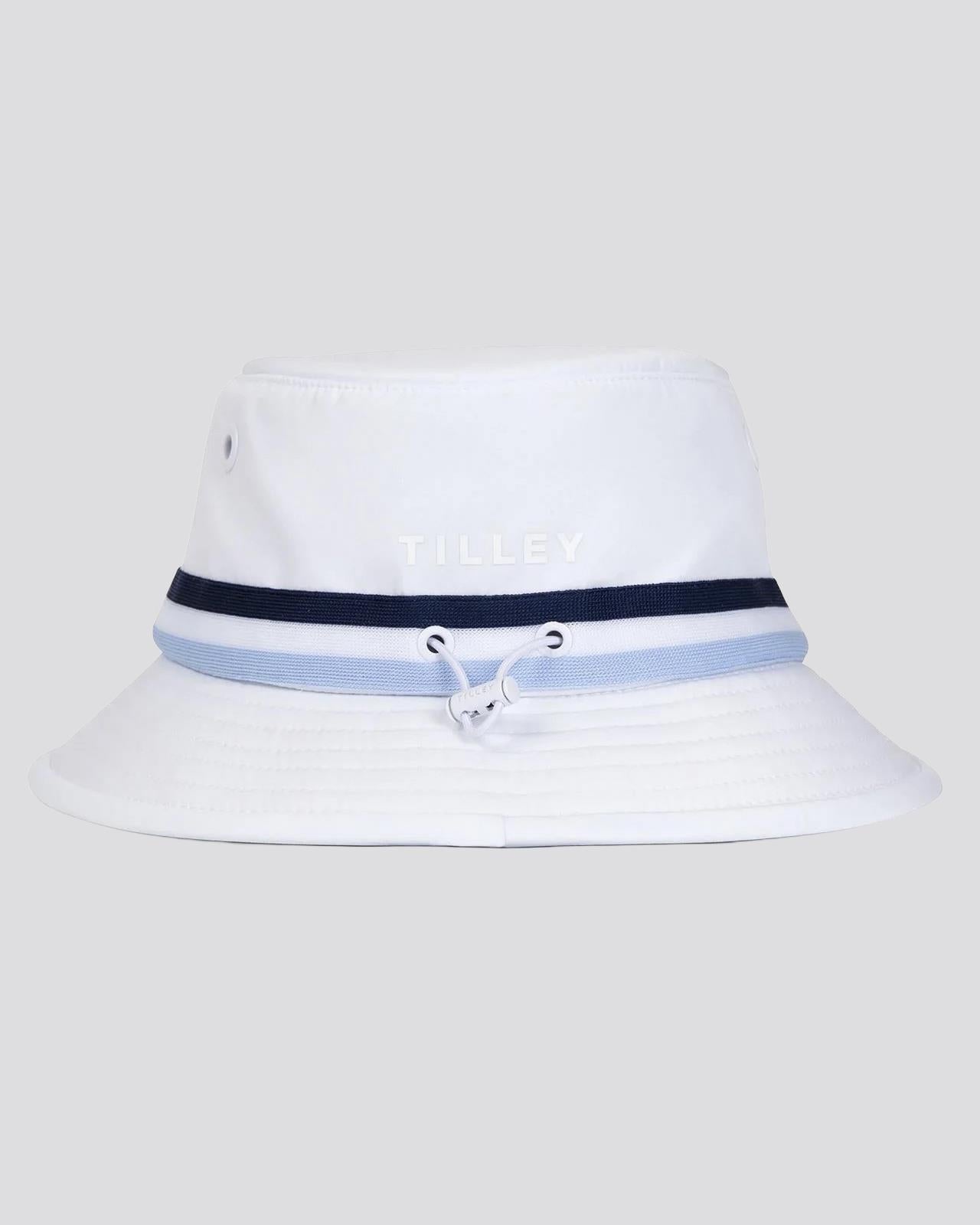 Womens Ribbon Bucket Hat White/Navy Blue Stripe