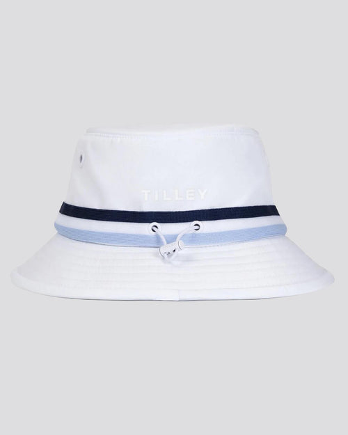 Womens Ribbon Bucket Hat White/Navy Blue Stripe