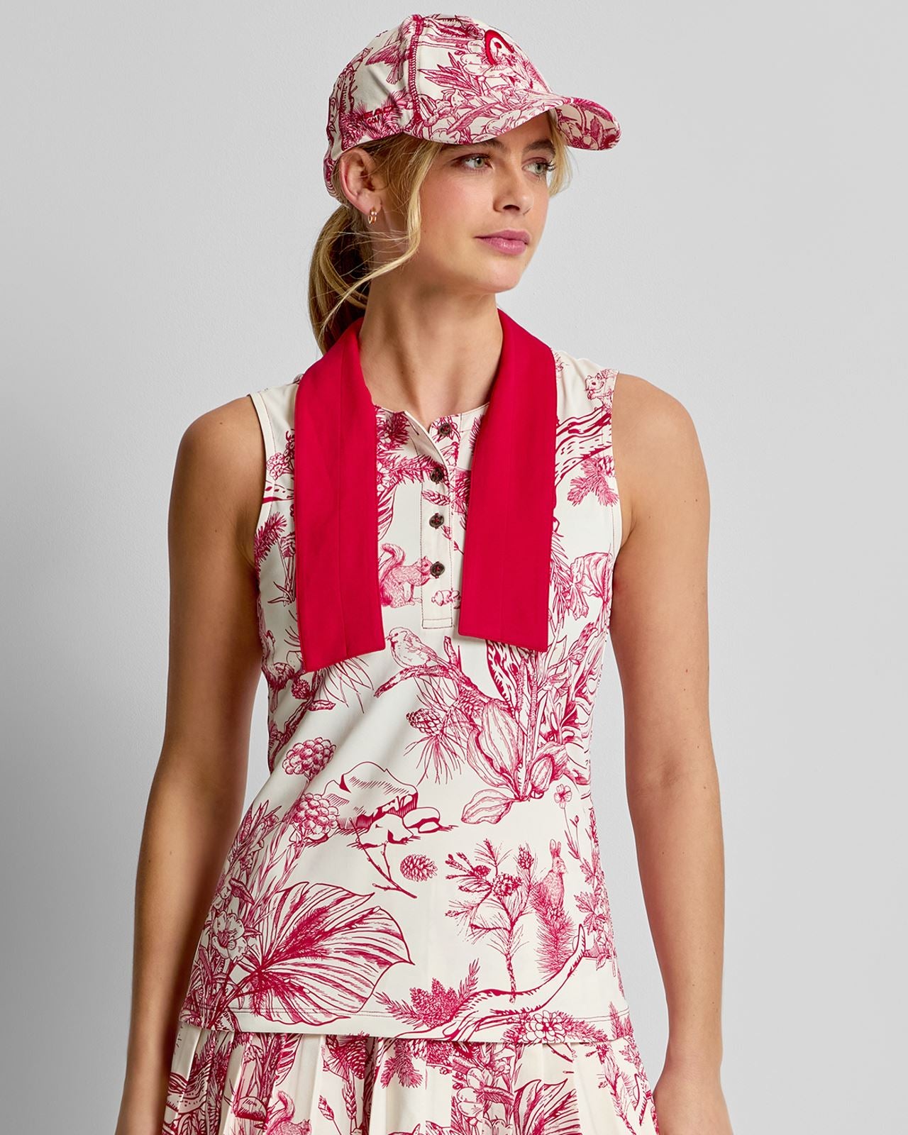 Womens Tie Collar Top Red Botanical