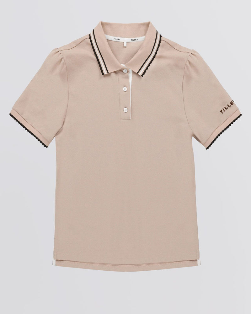 Womens Preppy Pique Puff Sleeve Polo Tan/Chocolate