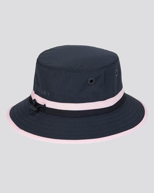Womens Ribbon Bucket Hat Dark Navy/Pink Stripe