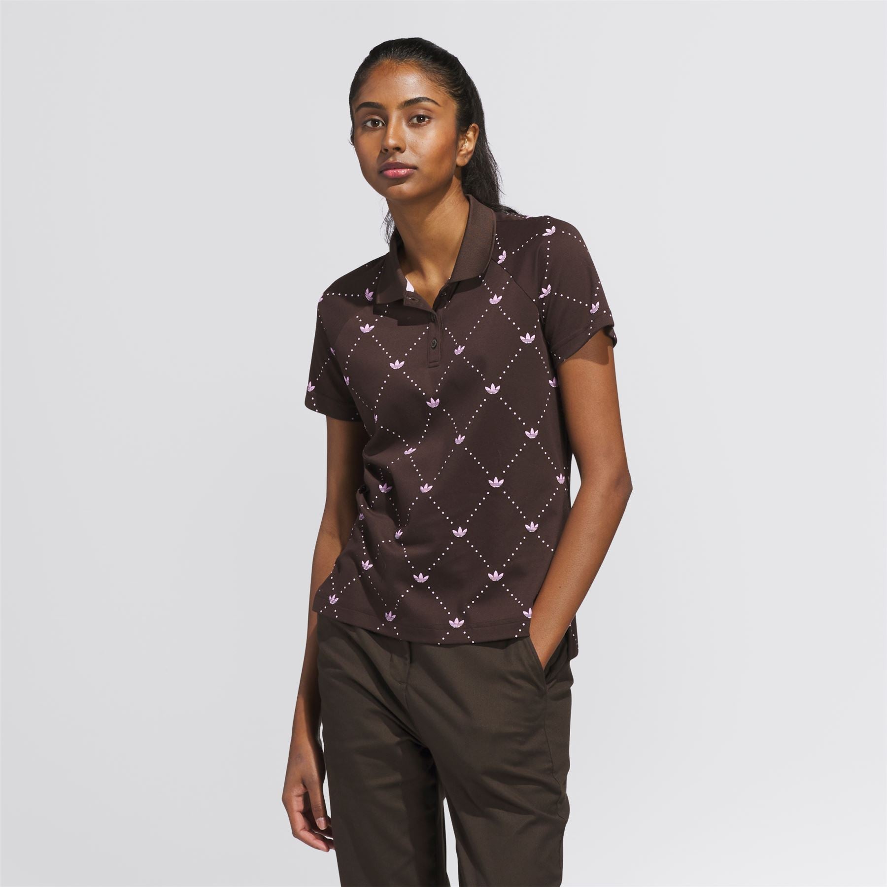 Womens Originals Printed Trefoil Polo Dark Brown/Bliss Lilac