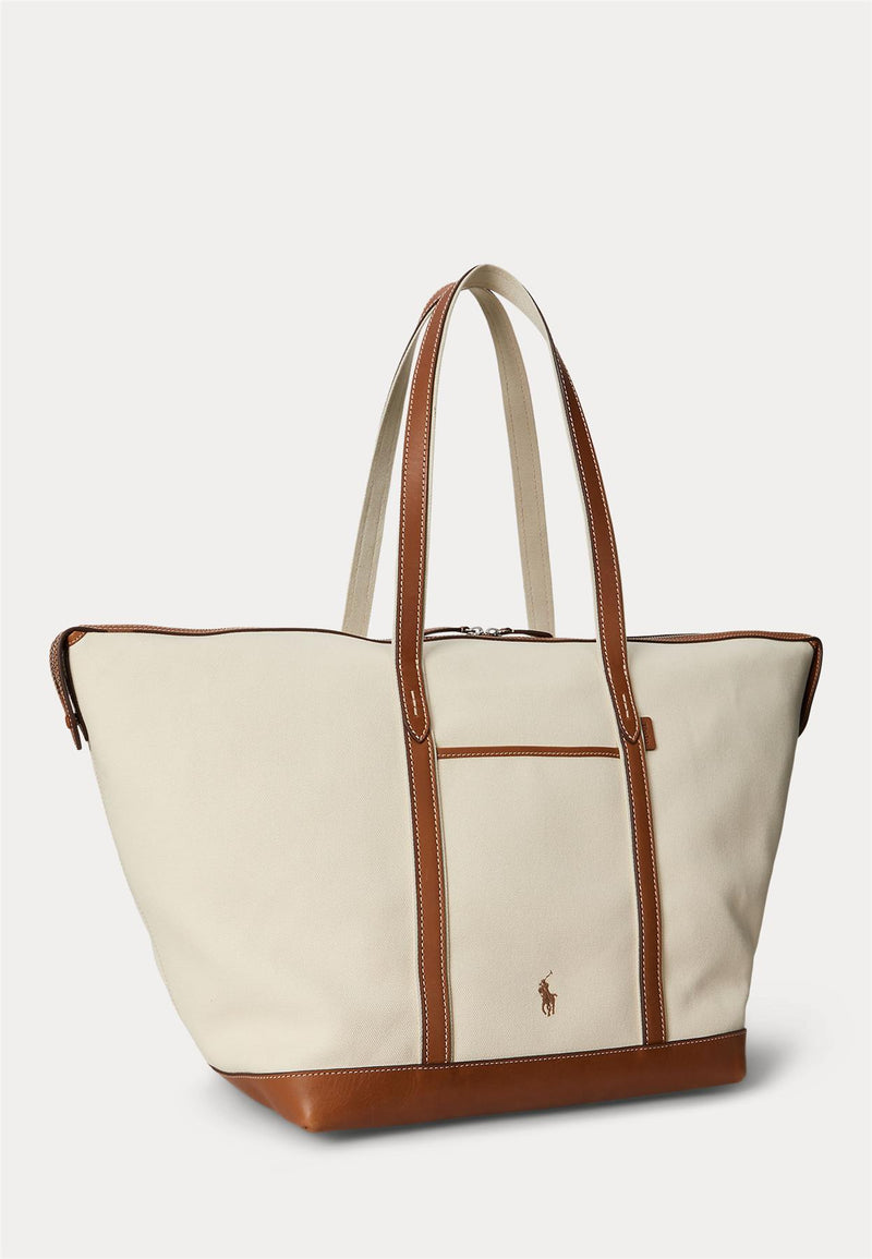 Womens Canvas & Leather Large Shoulder Tote Ecru/Cuoio