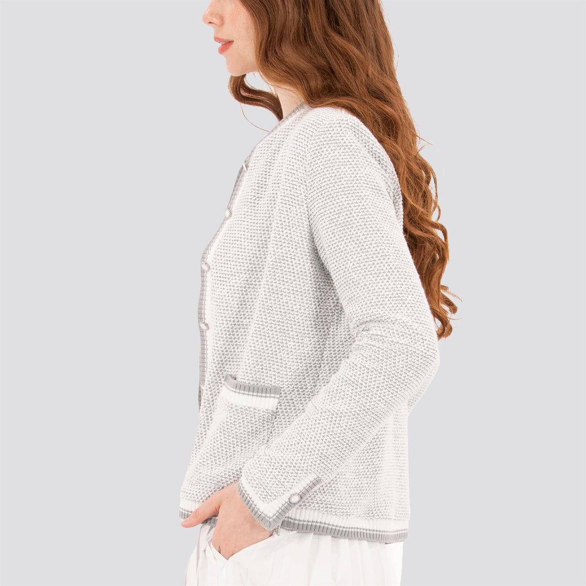 Womens Boucle Knit Jacket White/Grey