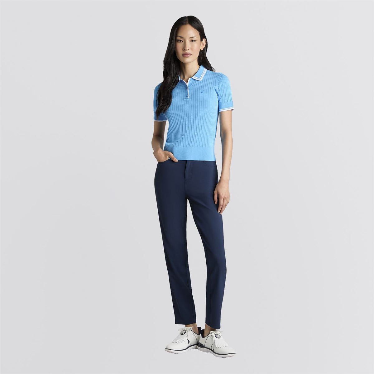 Cotton Blend Rib Knit Polo Azul