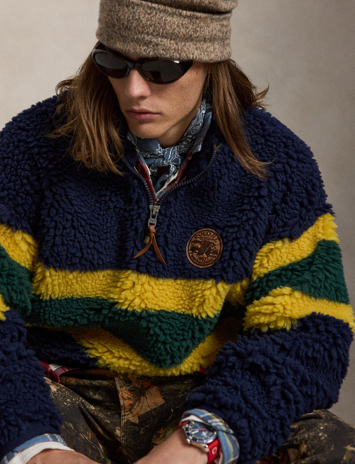 Yarn Dyed Shaggy High Pile Sweatshirt Cruise Navy Multi